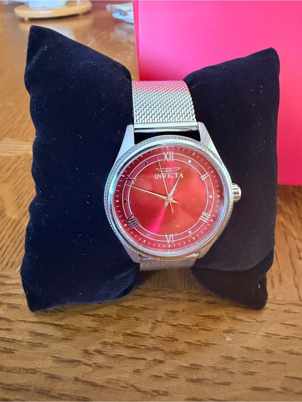 Invicta Women's Silver Mesh Watch with Red Sunray Dial